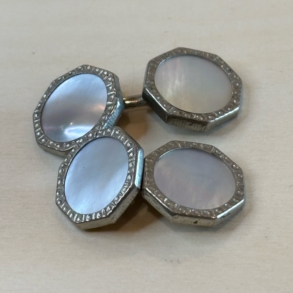 Octagonal Silver toned and White mother of pearl Cufflinks.